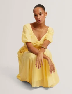 Puff Sleeve Ruched Midi Waisted Dress