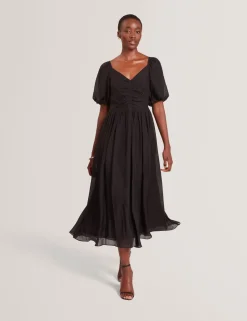 Puff Sleeve Ruched Midi Waisted Dress
