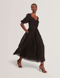 Puff Sleeve Ruched Midi Waisted Dress