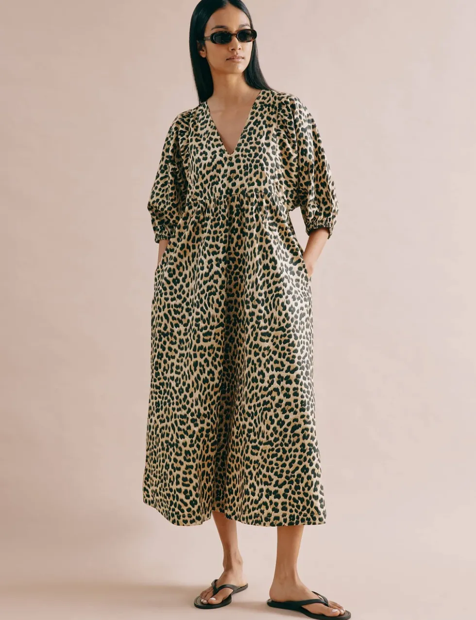 Pure Cotton Animal Print V-Neck Midi Skater Dress