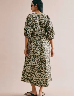 Pure Cotton Animal Print V-Neck Midi Skater Dress