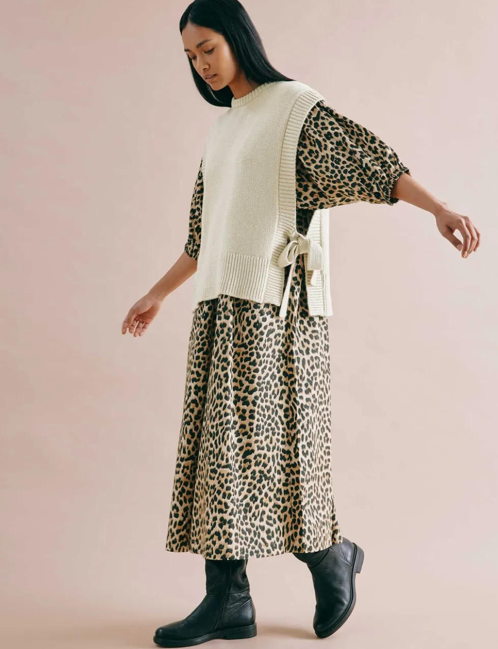Pure Cotton Animal Print V-Neck Midi Skater Dress