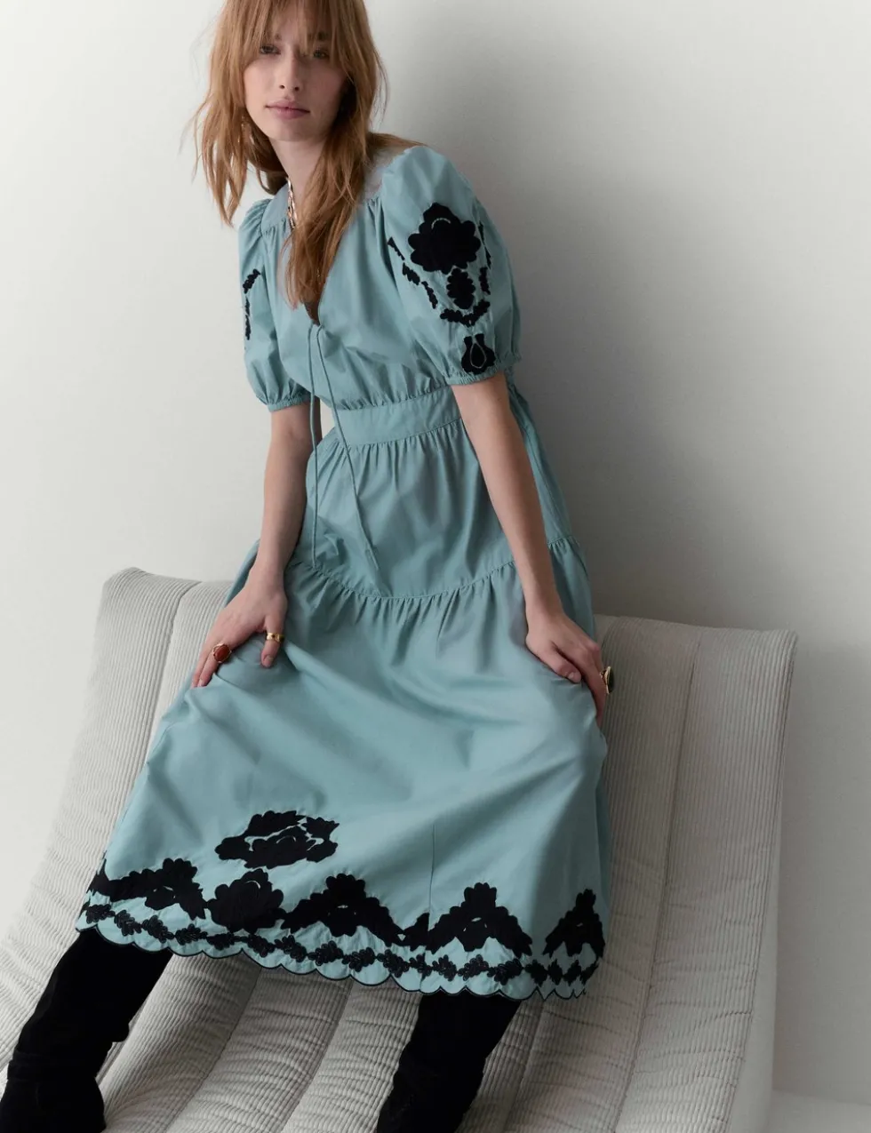 Pure Cotton Appliqué Midaxi Waisted Dress