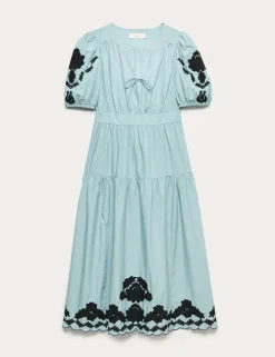 Pure Cotton Appliqué Midaxi Waisted Dress