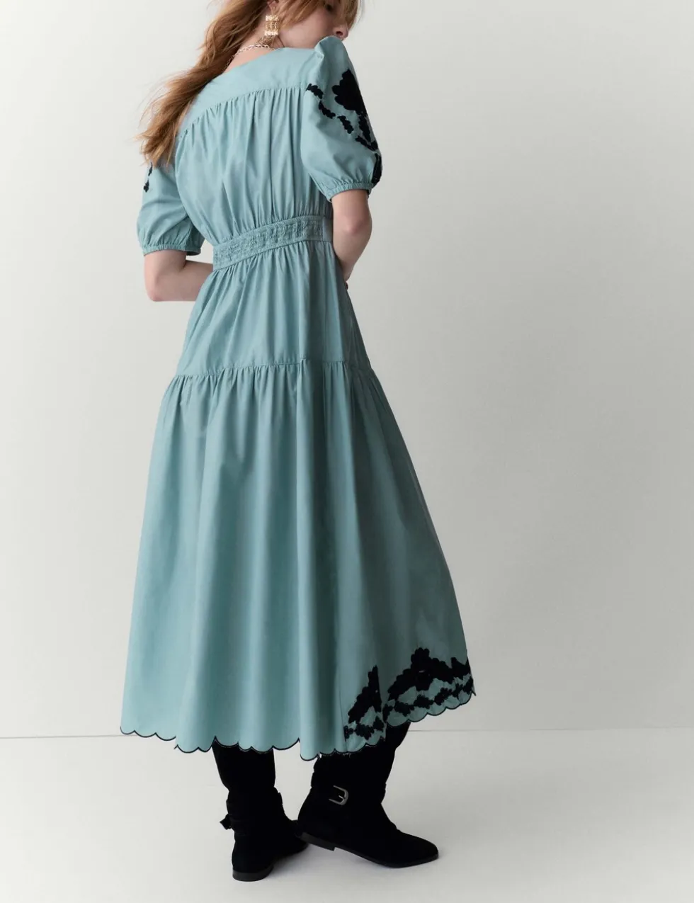 Pure Cotton Appliqué Midaxi Waisted Dress