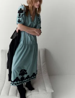 Pure Cotton Appliqué Midaxi Waisted Dress