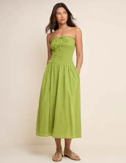 Pure Cotton Bandeau Midi Shirred Dress