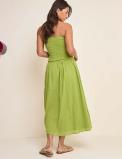 Pure Cotton Bandeau Midi Shirred Dress