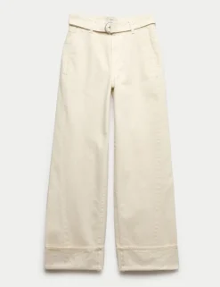 Pure Cotton Belted Wide Leg Turn Up Jeans