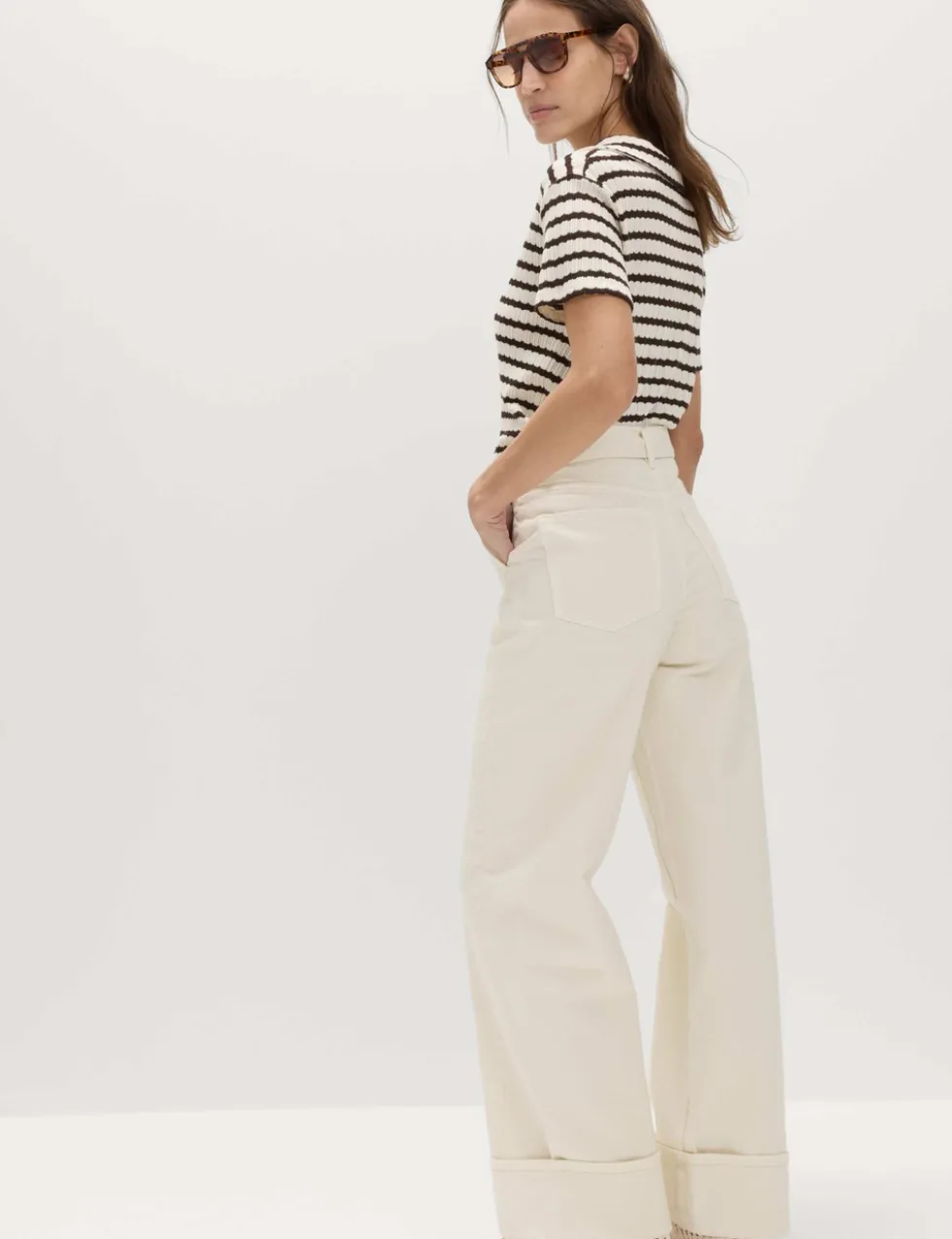 Pure Cotton Belted Wide Leg Turn Up Jeans