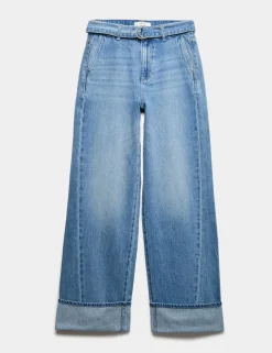 Pure Cotton Belted Wide Leg Turn Up Jeans