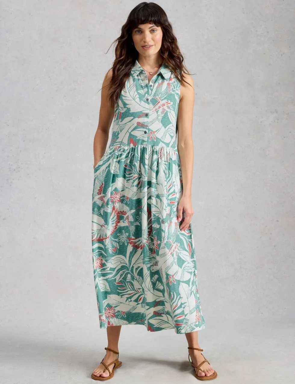 Pure Cotton Bird Print Maxi Waisted Dress