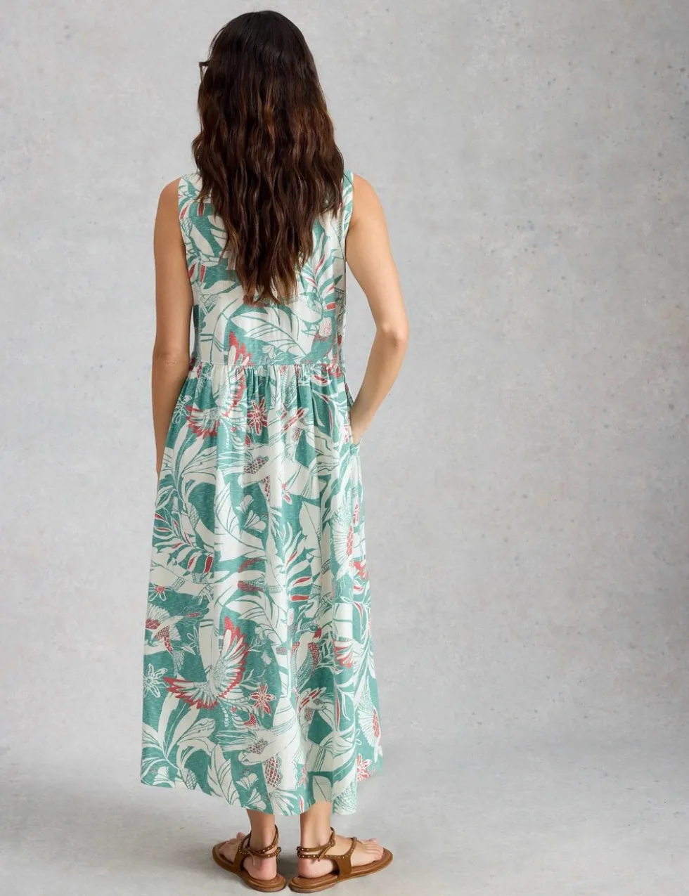 Pure Cotton Bird Print Maxi Waisted Dress