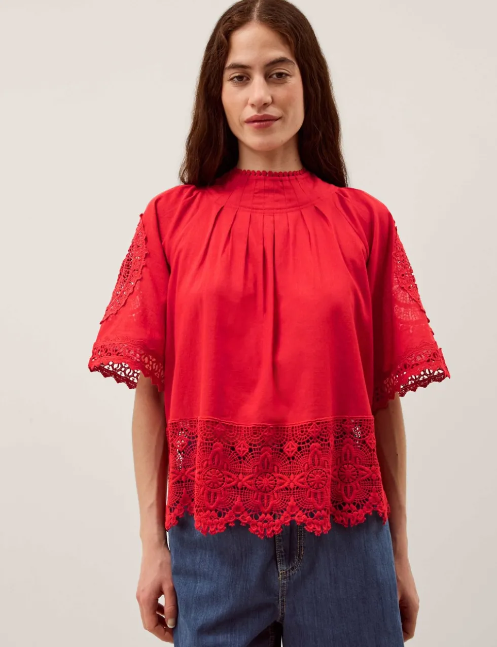 Pure Cotton Broderie High Neck Top
