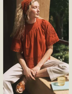Pure Cotton Broderie High Neck Top