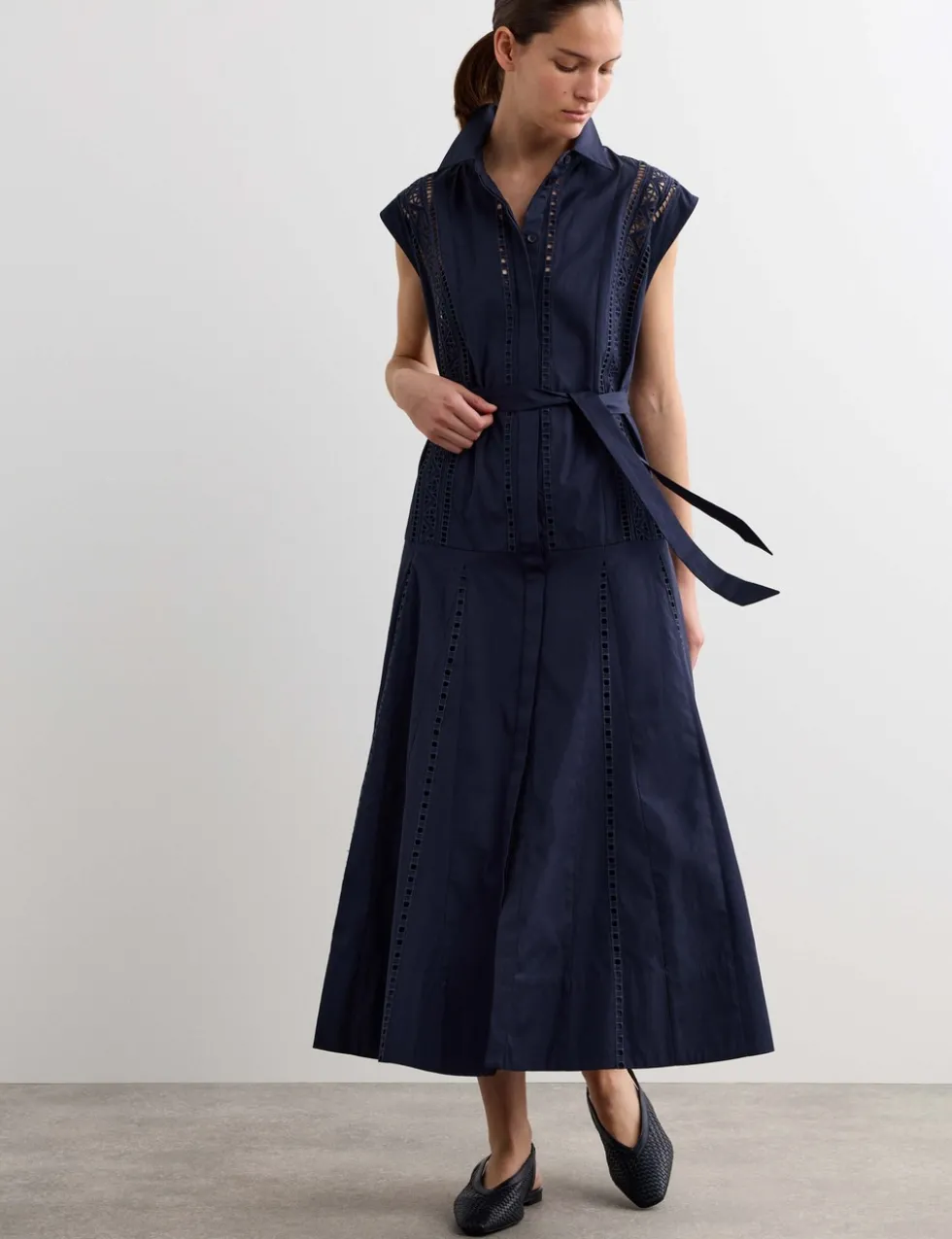 Pure Cotton Broderie Midi Shirt Dress