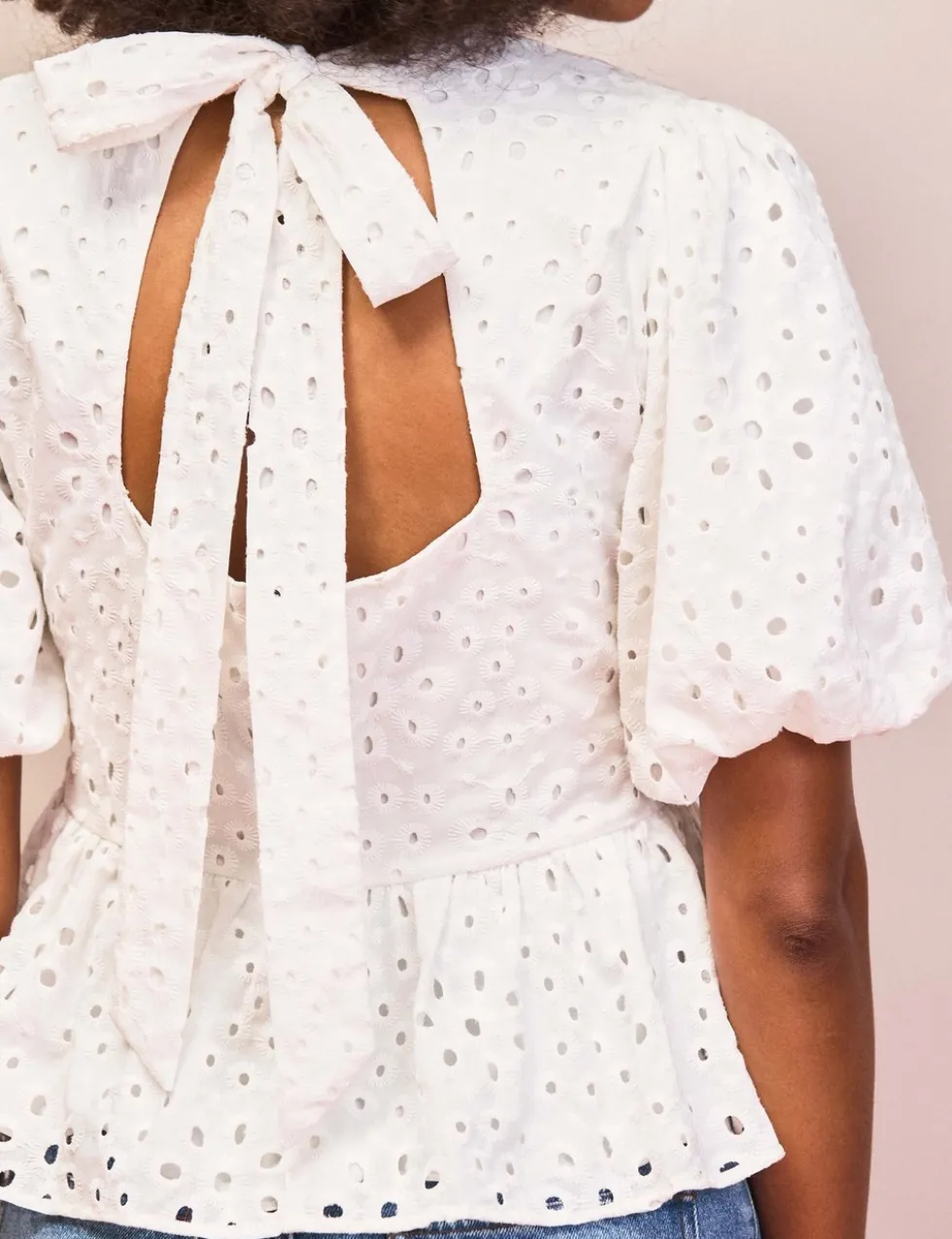 Pure Cotton Broderie Puff Sleeve Peplum Top