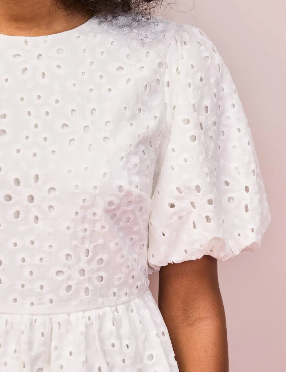Pure Cotton Broderie Puff Sleeve Peplum Top