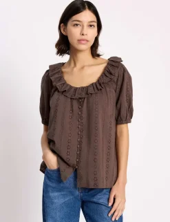Pure Cotton Broderie Scoop Neck Ruffle Top