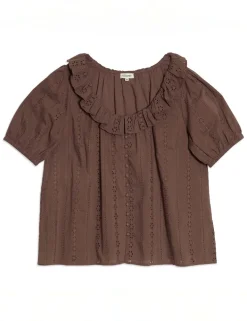 Pure Cotton Broderie Scoop Neck Ruffle Top