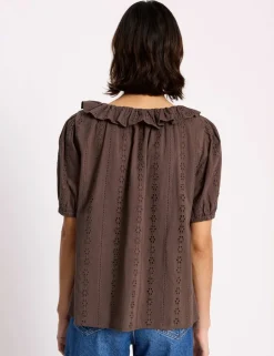 Pure Cotton Broderie Scoop Neck Ruffle Top