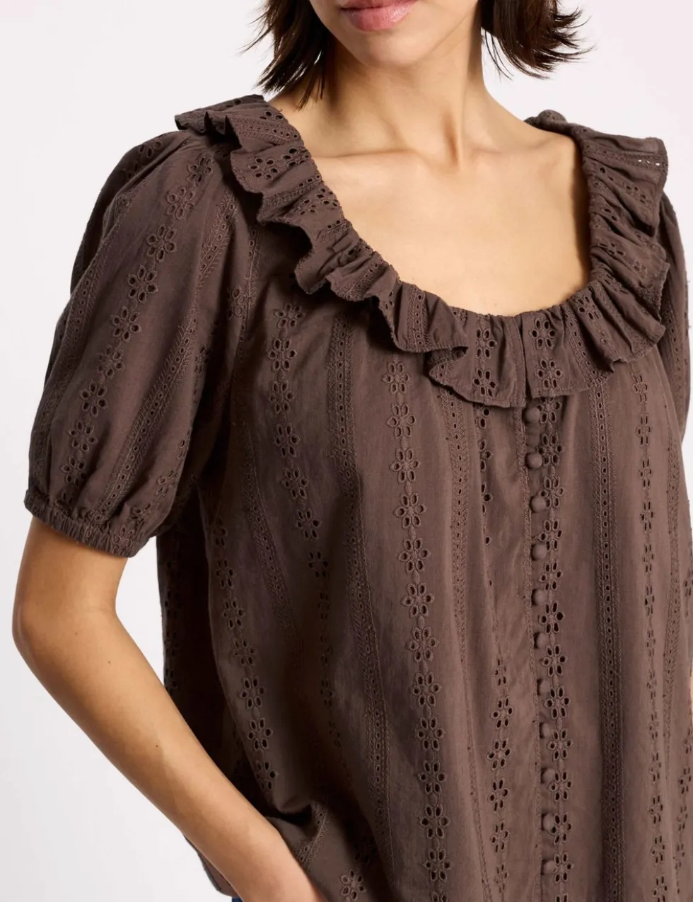 Pure Cotton Broderie Scoop Neck Ruffle Top