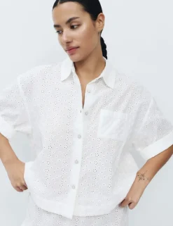 Pure Cotton Broderie Short Sleeve Pyjama Shirt