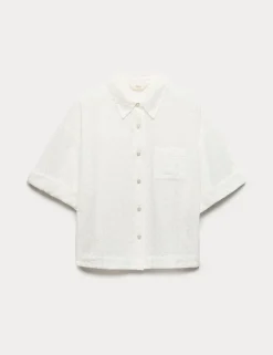 Pure Cotton Broderie Short Sleeve Pyjama Shirt