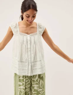 Pure Cotton Broderie Square Neck Blouse