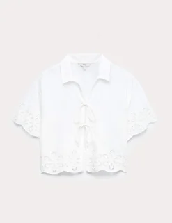 Pure Cotton Broderie Tie Front Beach Shirt