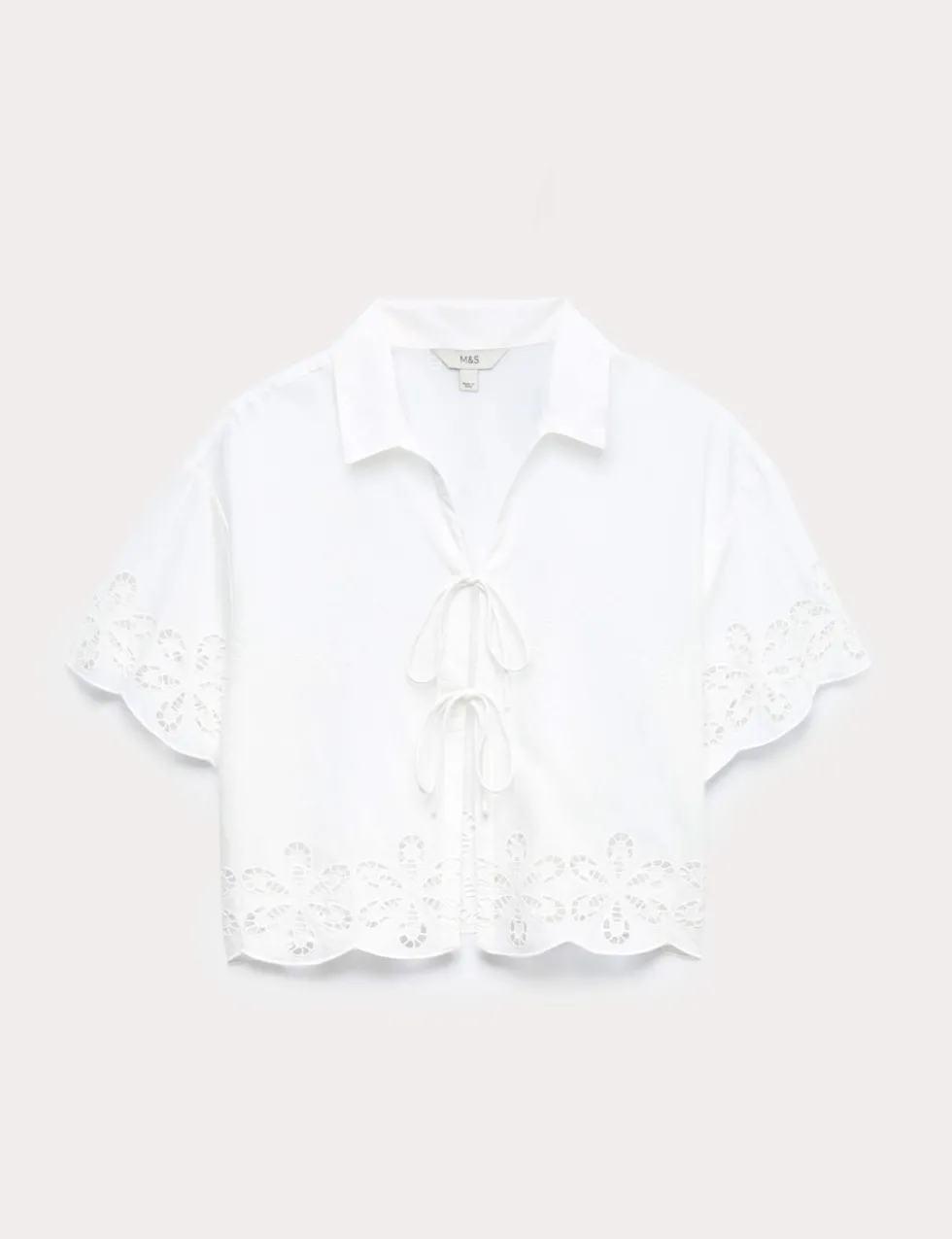 Pure Cotton Broderie Tie Front Beach Shirt