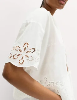 Pure Cotton Broderie Tie Front Beach Shirt