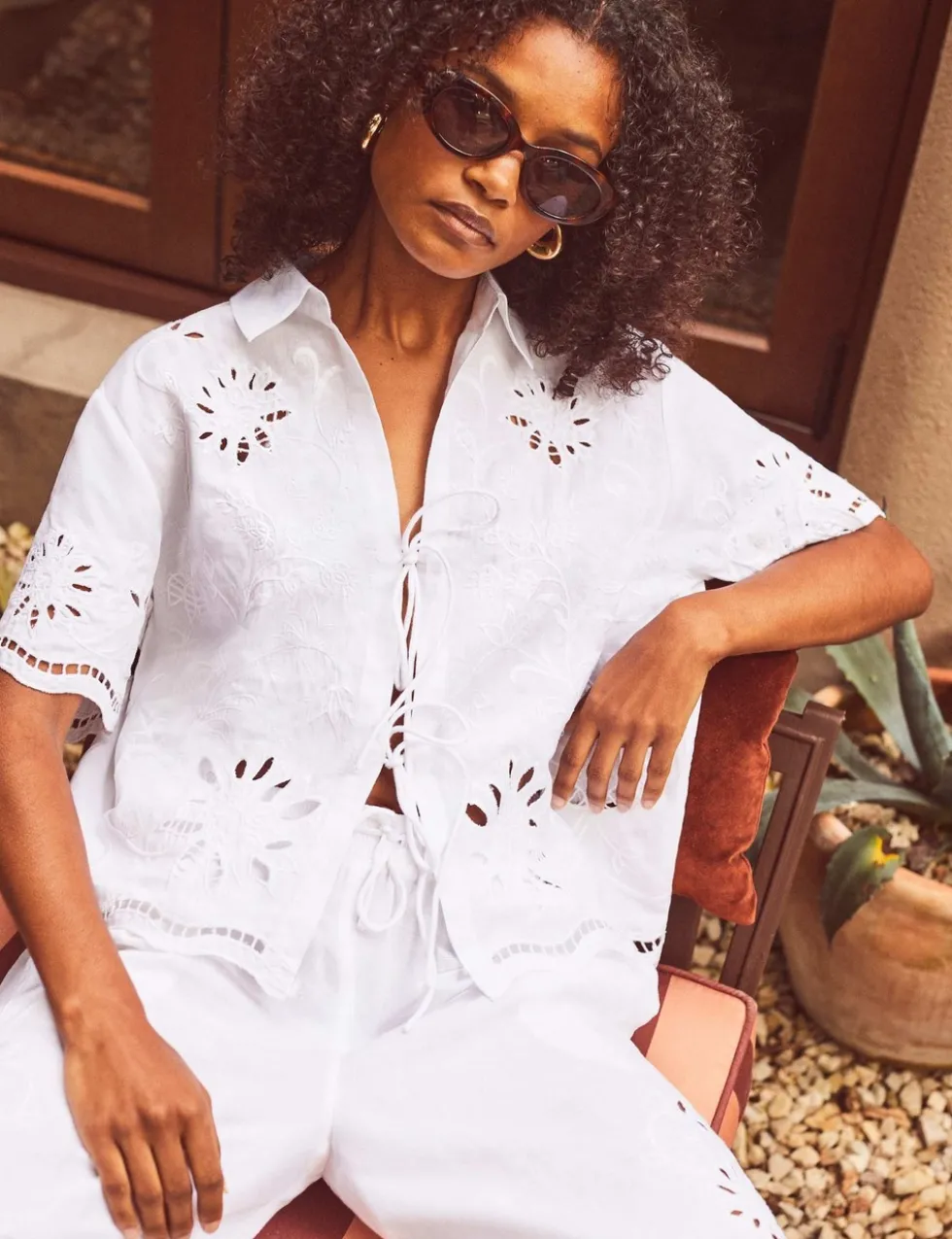 Pure Cotton Broderie Tie Front T-Shirt