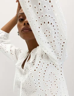 Pure Cotton Broderie Tie Front Blouse