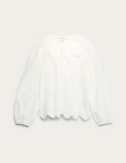 Pure Cotton Broderie Tie Front Blouse
