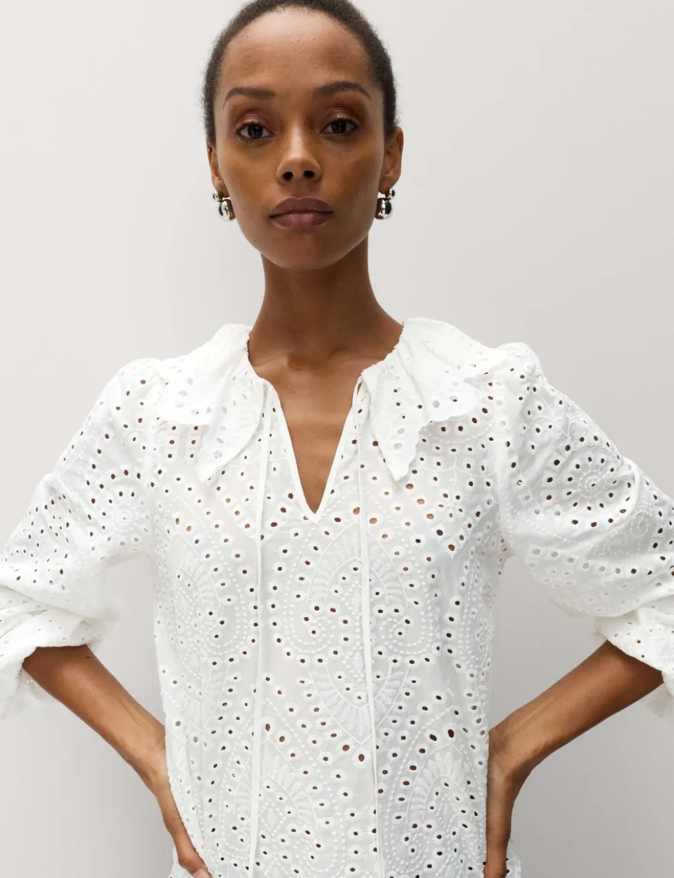Pure Cotton Broderie Tie Front Blouse