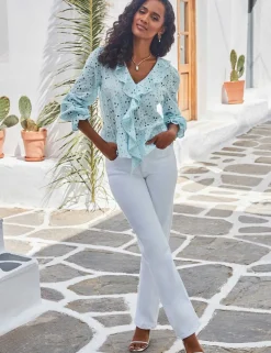 Pure Cotton Broderie V-Neck Ruffle Blouse
