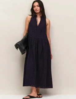 Pure Cotton Broderie V-Neck Midi Column Dress