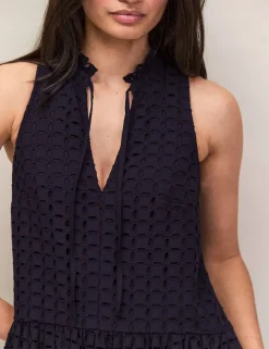Pure Cotton Broderie V-Neck Midi Column Dress