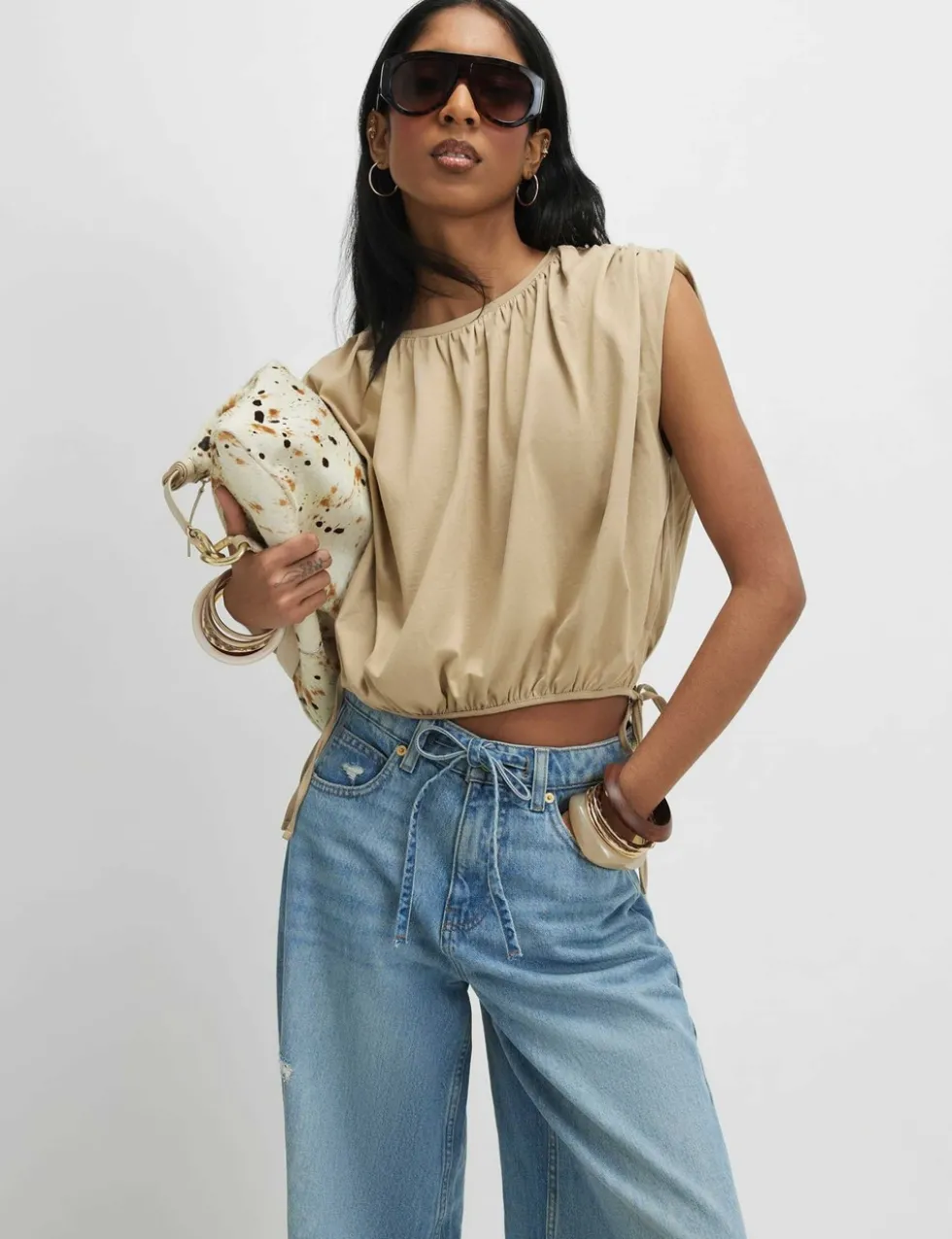 Pure Cotton Bubble Hem Tie Detail Top