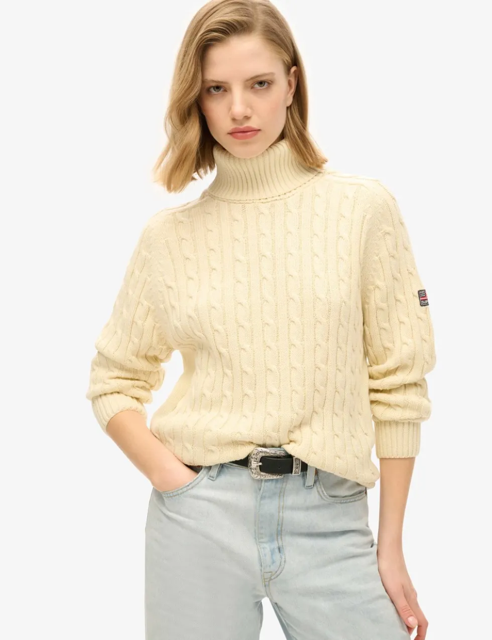 Pure Cotton Cable Knit Roll Neck Jumper