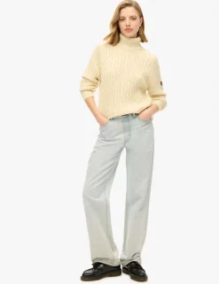 Pure Cotton Cable Knit Roll Neck Jumper