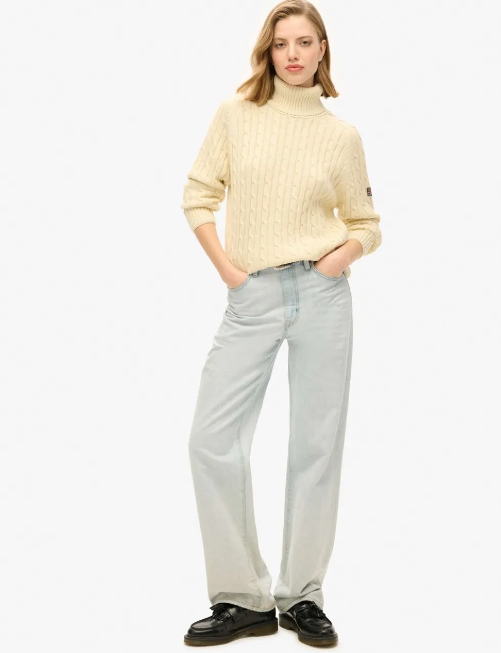 Pure Cotton Cable Knit Roll Neck Jumper