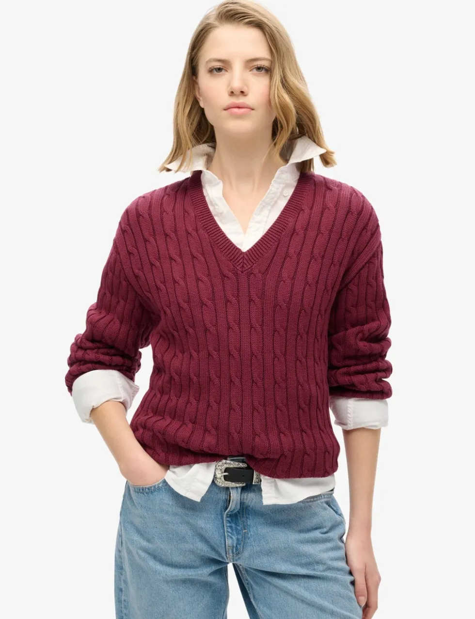 Pure Cotton Cable Knit V-Neck Jumper