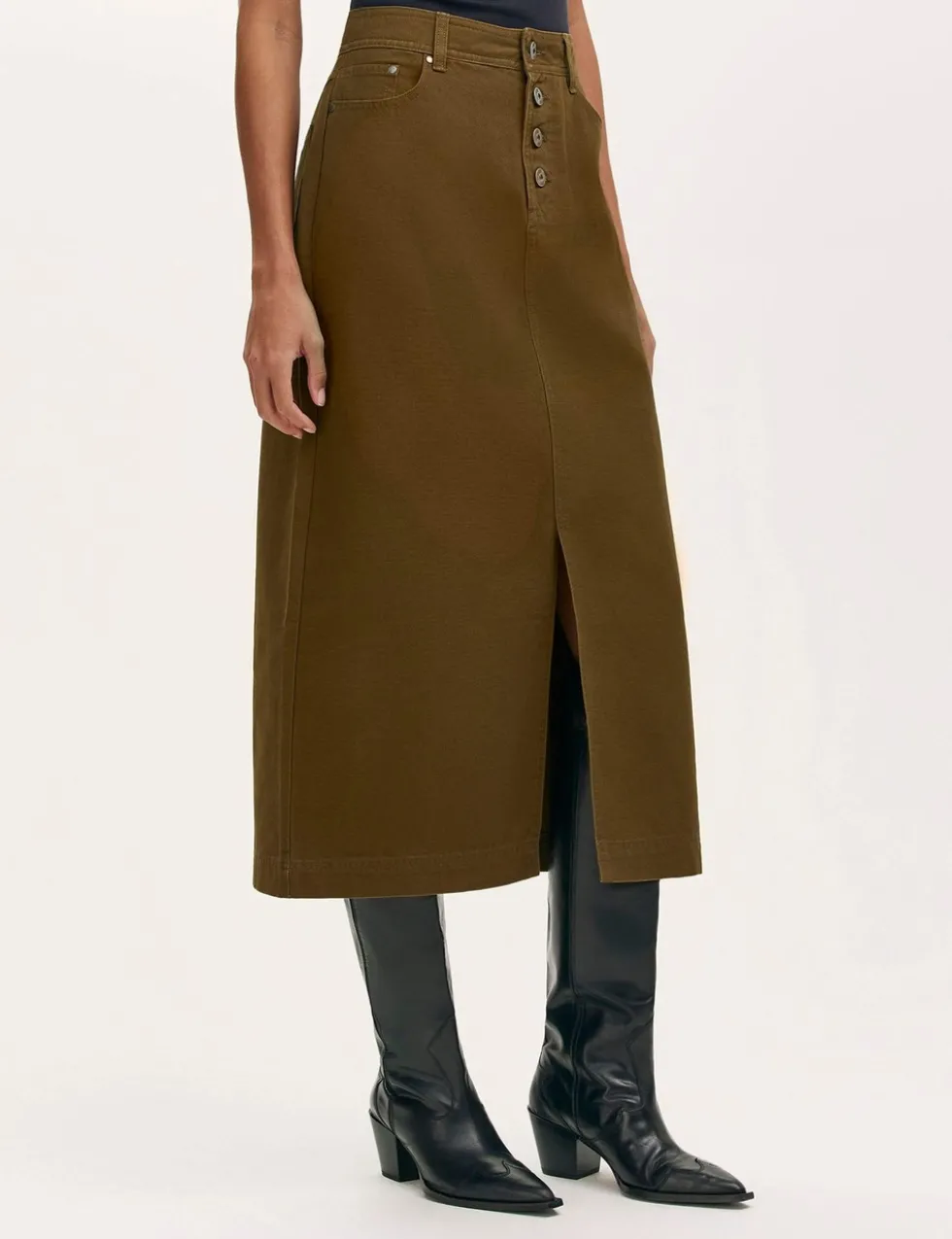 Pure Cotton Canvas Midi A-Line Skirt