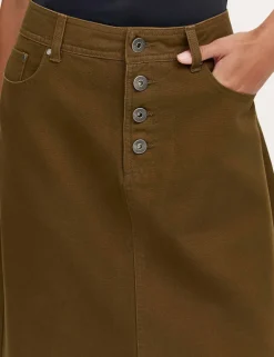 Pure Cotton Canvas Midi A-Line Skirt