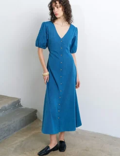 Pure Cotton Chambray Puff Sleeve Midi Dress