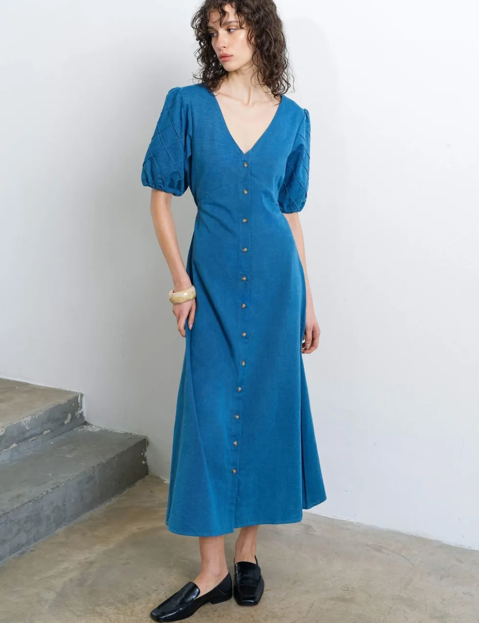 Pure Cotton Chambray Puff Sleeve Midi Dress