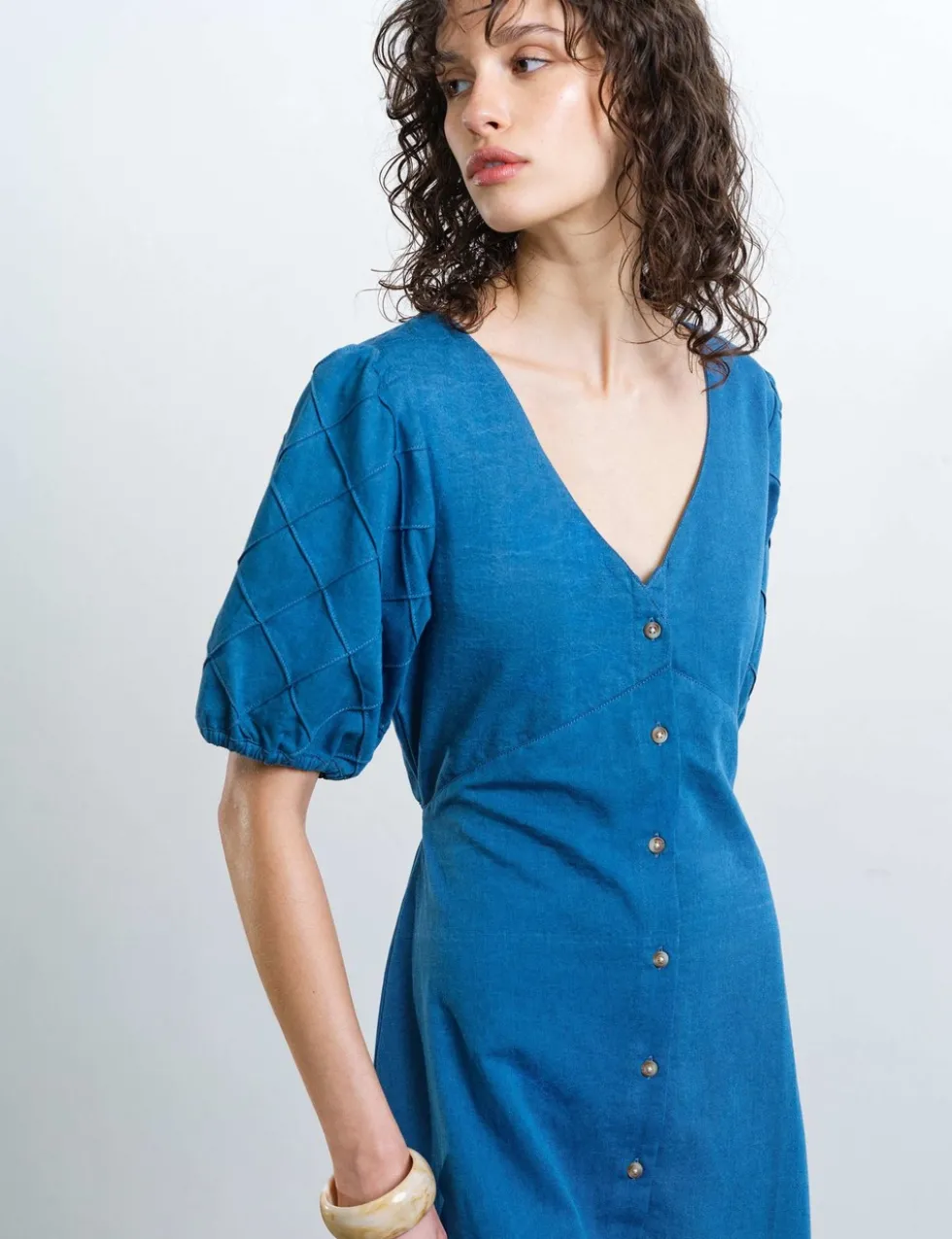 Pure Cotton Chambray Puff Sleeve Midi Dress