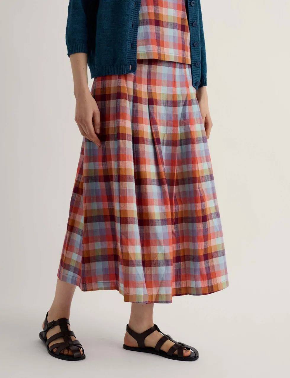 Pure Cotton Checked A-Line Midi Skirt